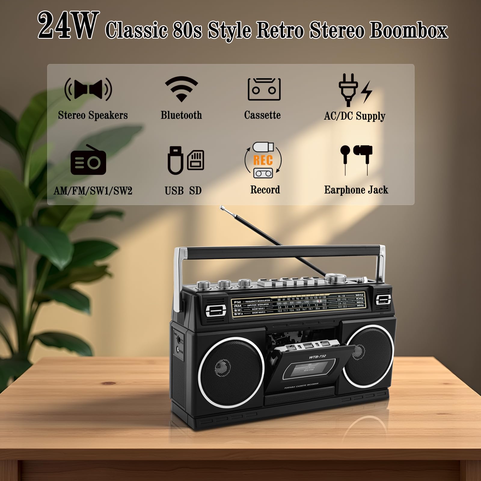Kaset Oynatıcılı Retro Bluetooth Boombox - Güçlü 24 W Bas Stereo